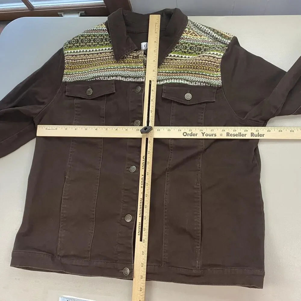 Denim & Co Jacket Womens Large Brown Trucker Southwestern Knit Trim Boho Trucker